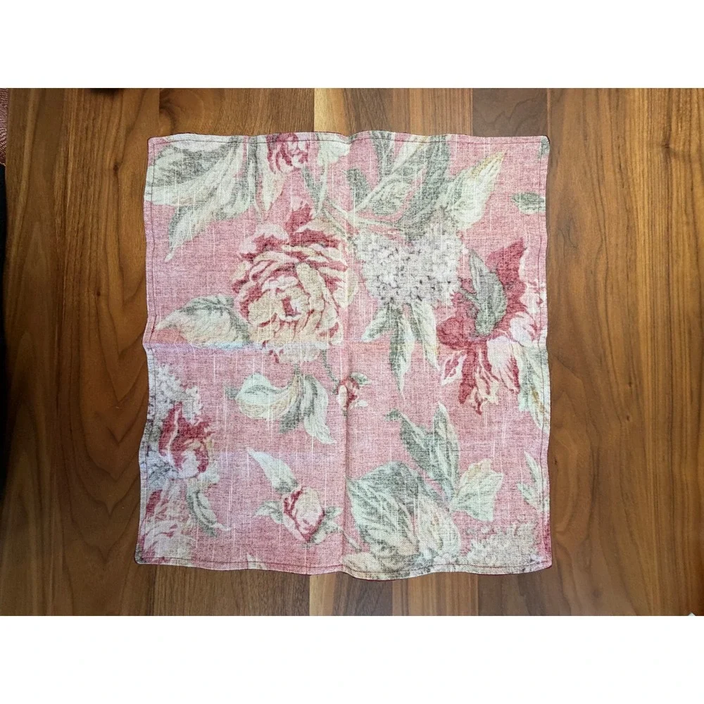 VTG Floral Cloth Napkins Set of 7 Red Green Shabby Chic Ribbon Trim